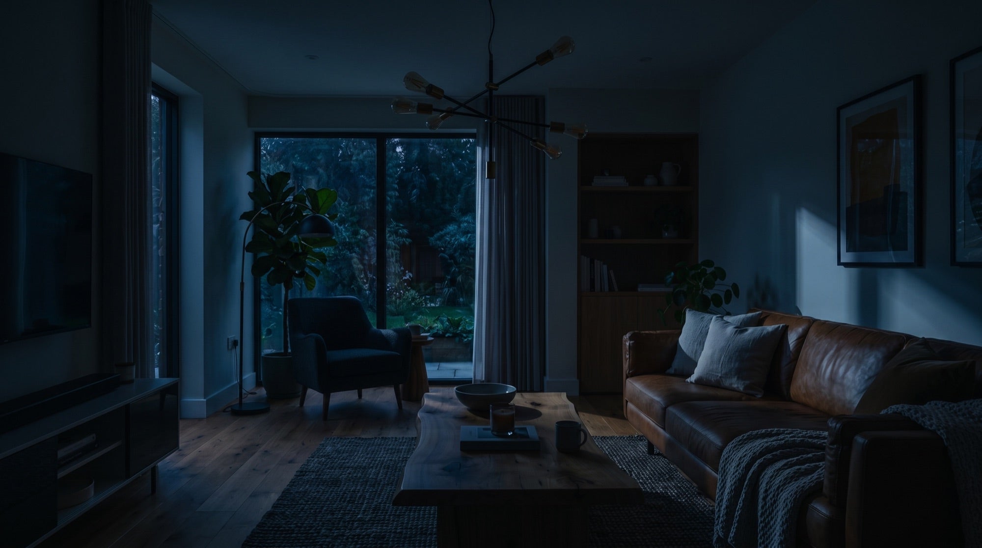 A dark living room at night with all the lights switched off