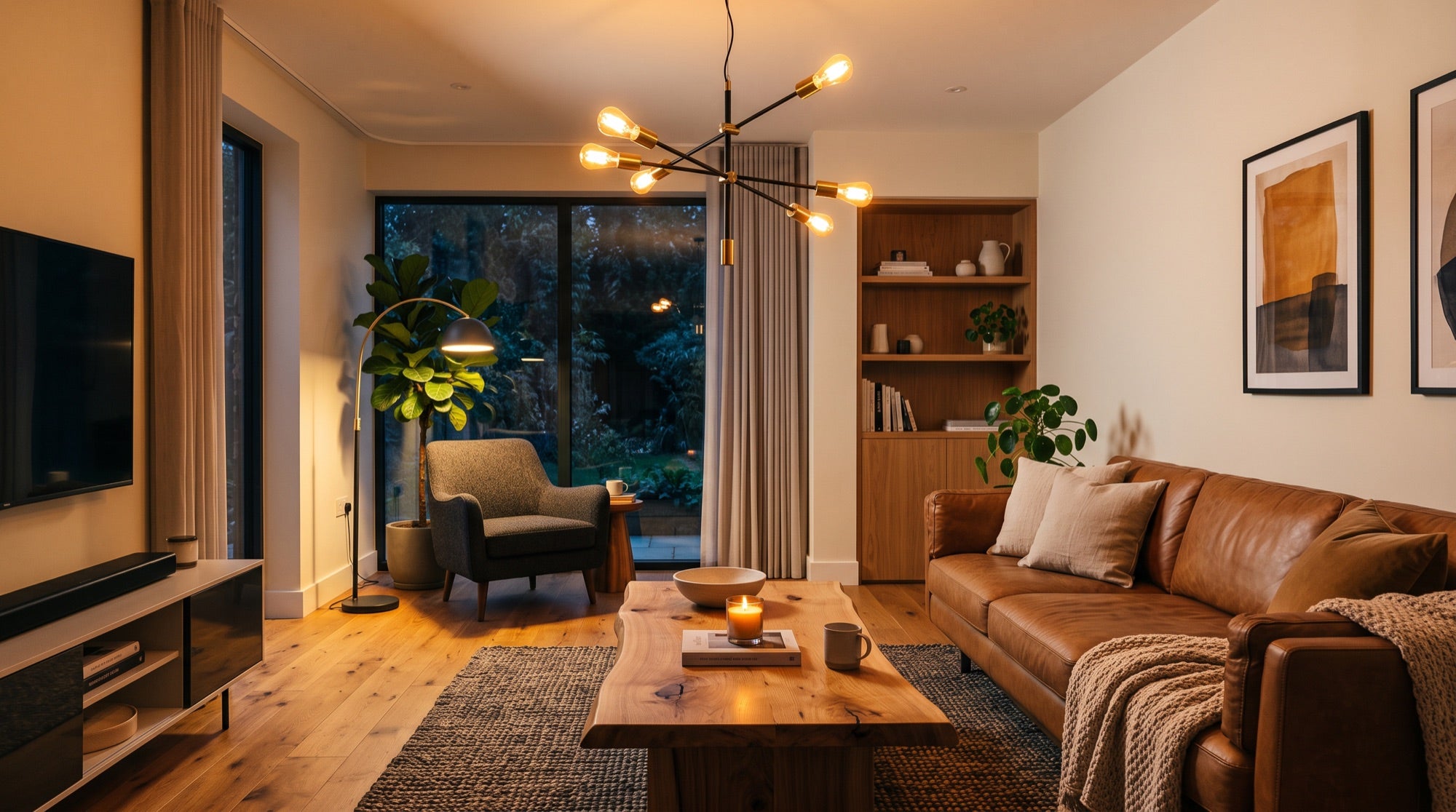 The same living room glowing warmly, lit by a brass pendant light and floor lamp
